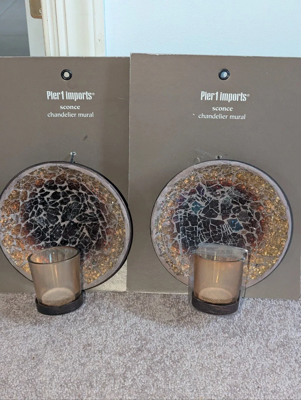 Pier 1 Amber and Bronze Mosaic Glass Wall Sconces for Tea Lights